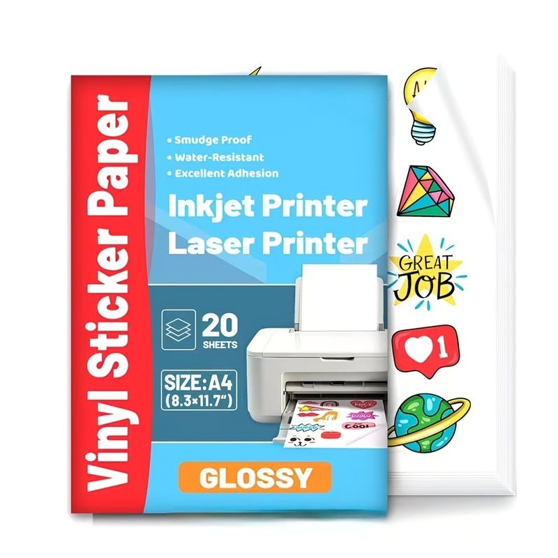 A4 Glossy White Vinyl Sticker Paper 20 Sheets Self Adhesive Printable for Inkjet Printers Labels Decals Projects Home Office Use - Image 1