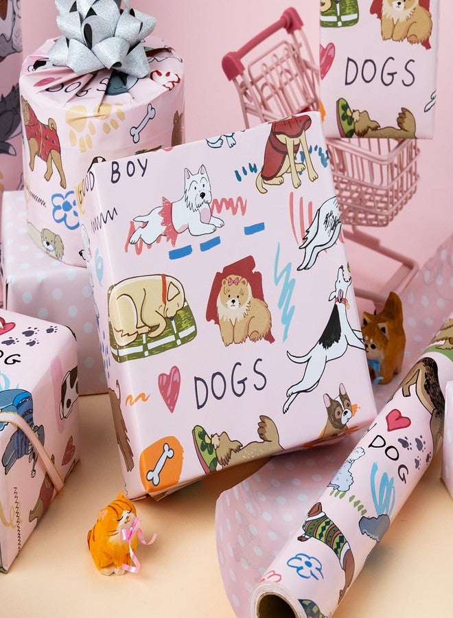 Flyhill Reversible Dog Wrapping Paper Roll,Pink & White Adorable Puppies,Bone,Paw Print,Polka Dot Gift Wrap Suitable for Birthday,Baby Shower,Party(17 IN x 32.8 FT) - Image 2