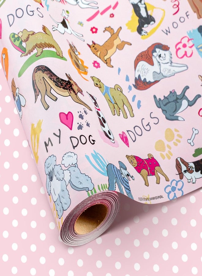 Flyhill Reversible Dog Wrapping Paper Roll,Pink & White Adorable Puppies,Bone,Paw Print,Polka Dot Gift Wrap Suitable for Birthday,Baby Shower,Party(17 IN x 32.8 FT) - Image 1