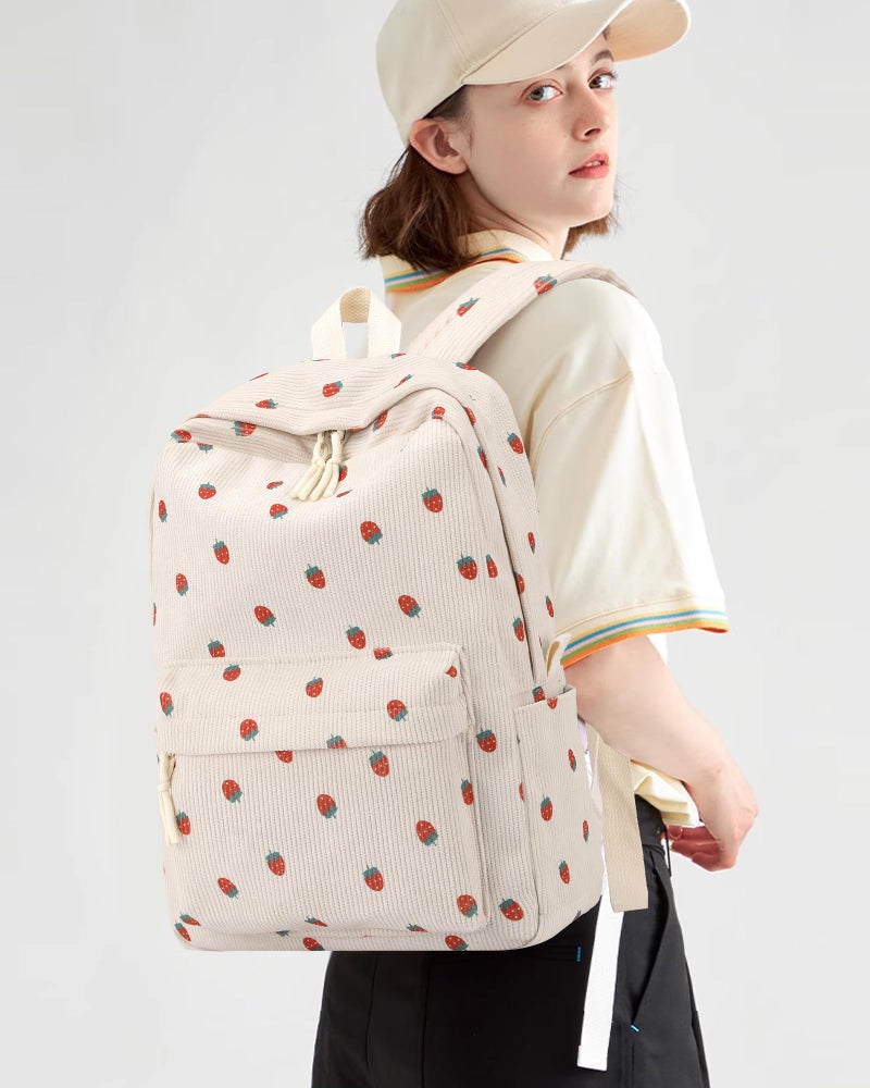 Tanweibago School Backpack for Girls Corduroy Bookbag 16inch Elementary Primary Preschool for Teen Boys Girl Travel Casual Daypacks (Strawberry Beige) - Image 5