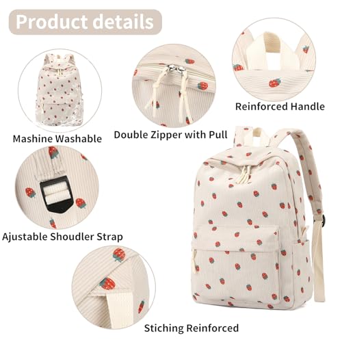 Tanweibago School Backpack for Girls Corduroy Bookbag 16inch Elementary Primary Preschool for Teen Boys Girl Travel Casual Daypacks (Strawberry Beige) - Image 3