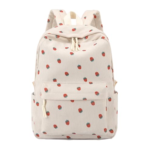 Tanweibago School Backpack for Girls Corduroy Bookbag 16inch Elementary Primary Preschool for Teen Boys Girl Travel Casual Daypacks (Strawberry Beige) - Image 1