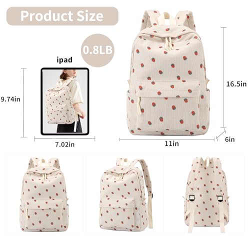 Tanweibago School Backpack for Girls Corduroy Bookbag 16inch Elementary Primary Preschool for Teen Boys Girl Travel Casual Daypacks (Strawberry Beige) - Image 4