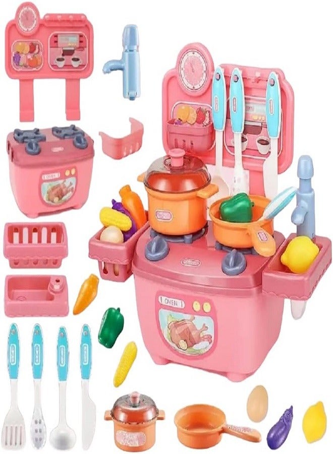 Kitchen Dream Kitchen Mini High-End Kitchen Cooking Toy Set with Water Spray Nozzle, Size 30*28*13cm, Pink for Kids - Image 1