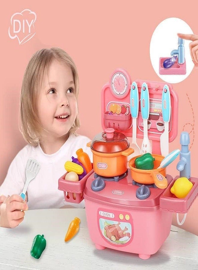 Kitchen Dream Kitchen Mini High-End Kitchen Cooking Toy Set with Water Spray Nozzle, Size 30*28*13cm, Pink for Kids - Image 3