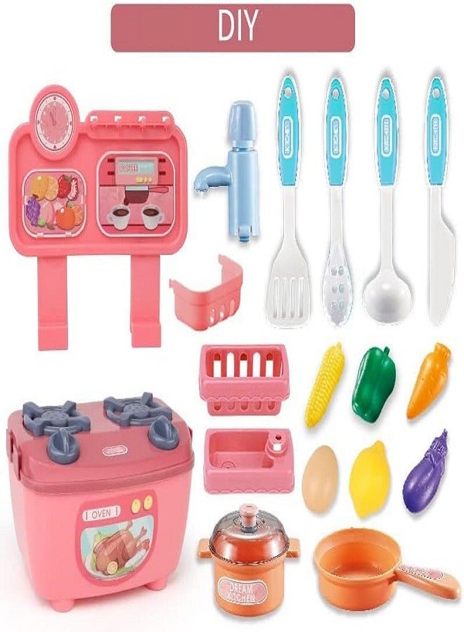 Kitchen Dream Kitchen Mini High-End Kitchen Cooking Toy Set with Water Spray Nozzle, Size 30*28*13cm, Pink for Kids - Image 5