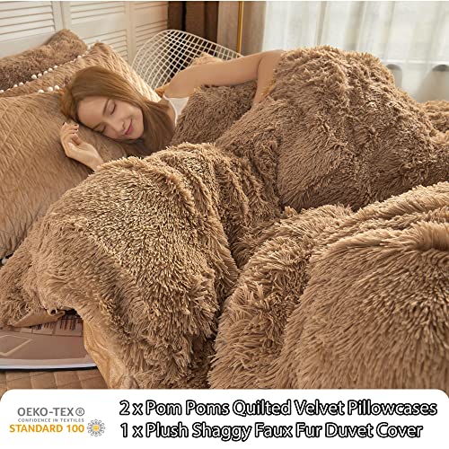 LIFEREVO Luxury Plush Shaggy Duvet Cover Set, Soft Velvet Fluffy Furry Duvet Cover Set(1 Faux Fur Fuzzy Comforter Cover + 2 Pom Poms Pillow Cases) Solid Bedding Set, Zipper Closure(Full/Queen, Camel) - Image 3
