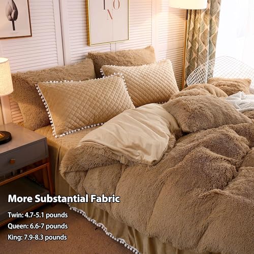 LIFEREVO Luxury Plush Shaggy Duvet Cover Set, Soft Velvet Fluffy Furry Duvet Cover Set(1 Faux Fur Fuzzy Comforter Cover + 2 Pom Poms Pillow Cases) Solid Bedding Set, Zipper Closure(Full/Queen, Camel) - Image 4