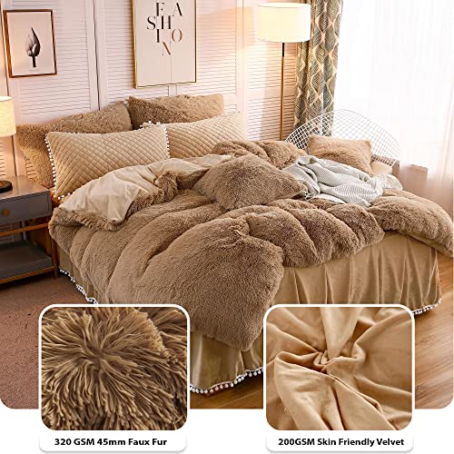 LIFEREVO Luxury Plush Shaggy Duvet Cover Set, Soft Velvet Fluffy Furry Duvet Cover Set(1 Faux Fur Fuzzy Comforter Cover + 2 Pom Poms Pillow Cases) Solid Bedding Set, Zipper Closure(Full/Queen, Camel) - Image 5