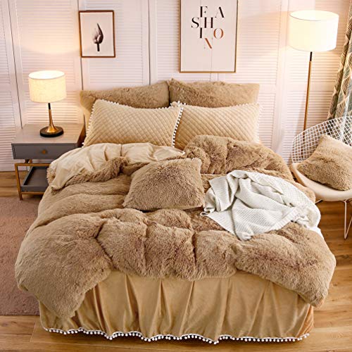 LIFEREVO Luxury Plush Shaggy Duvet Cover Set, Soft Velvet Fluffy Furry Duvet Cover Set(1 Faux Fur Fuzzy Comforter Cover + 2 Pom Poms Pillow Cases) Solid Bedding Set, Zipper Closure(Full/Queen, Camel) - Image 1