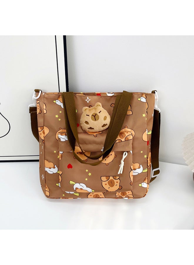 Shoulder Bag Student Tutor Bag Girl's Large Capacity Shoulder Bag Cartoon Student Tote Bag Capybara Women's Bag-Color:Brown - Image 1