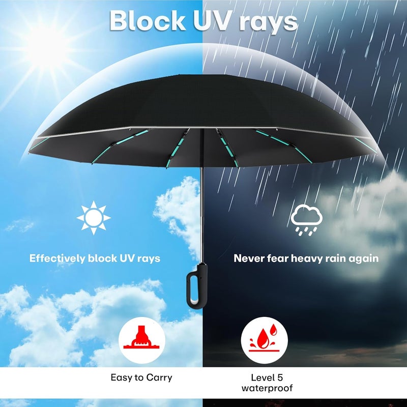 PRIME PICK مظلة سفر مدمجة مع شريط عاكس، مقاومة للرياح وحماية من الأشعة فوق البنفسجية، مقبض مضاد للانزلاق خفيف الوزن 95% حجب للأشعة فوق البنفسجية للرجال والنساء والأطفال مثالية للحماية من المطر والشمس - Image 4