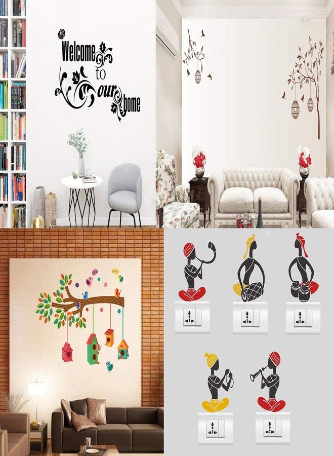 Walltech Combo of 4 Wall Sticker Welcome to Our Home Vine-(76 x46 cms) | Free Bird case Brown-(150 x 115 cms) | Bird House on a Branch-(90 x 75 cms) | sb Folk Band-(11 x15 cms) - Material Vinyl - Image 1