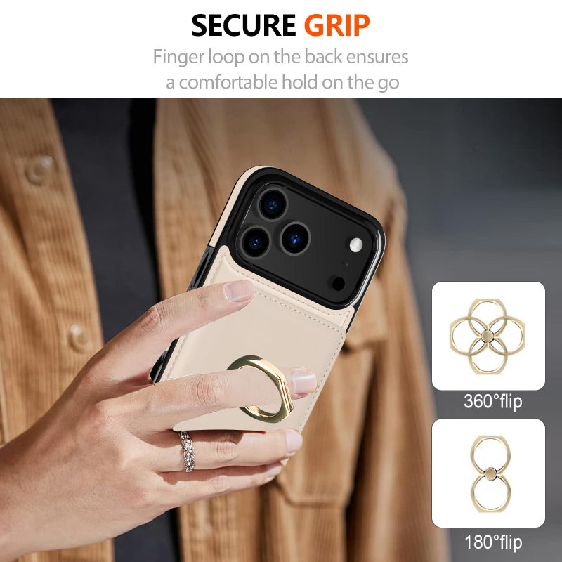 LOHASIC for iPhone 17 Pro Case Wallet with Card Holder, 360Â° Rotation Ring, RFID Blocking, 5 Card Slots, PU Leather 6.3" Cover for Apple 17 Pro Men Women, Beige - Image 4