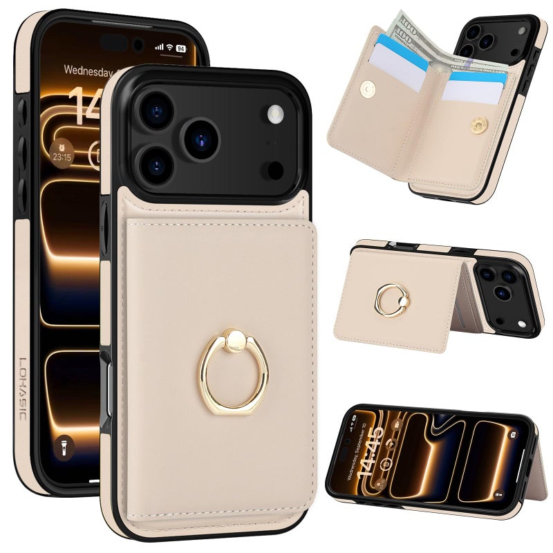 LOHASIC for iPhone 17 Pro Case Wallet with Card Holder, 360Â° Rotation Ring, RFID Blocking, 5 Card Slots, PU Leather 6.3" Cover for Apple 17 Pro Men Women, Beige - Image 1
