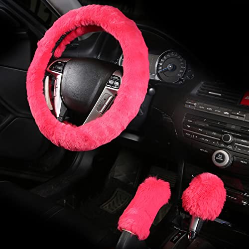 Cxtiy Car Steering Wheel Cover with Handbrake Cover & Gear Shift Cover CXTIY Fashion Steering Wheel Wrap Faux Wool Fluffy Soft and Warm in Winter Diameter 14.96" X 14.96" 3 Pcs 1 Set Fit Most of Car (Pink) - Image 2