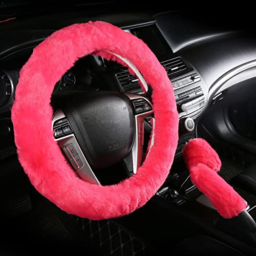 Cxtiy Car Steering Wheel Cover with Handbrake Cover & Gear Shift Cover CXTIY Fashion Steering Wheel Wrap Faux Wool Fluffy Soft and Warm in Winter Diameter 14.96" X 14.96" 3 Pcs 1 Set Fit Most of Car (Pink) - Image 1