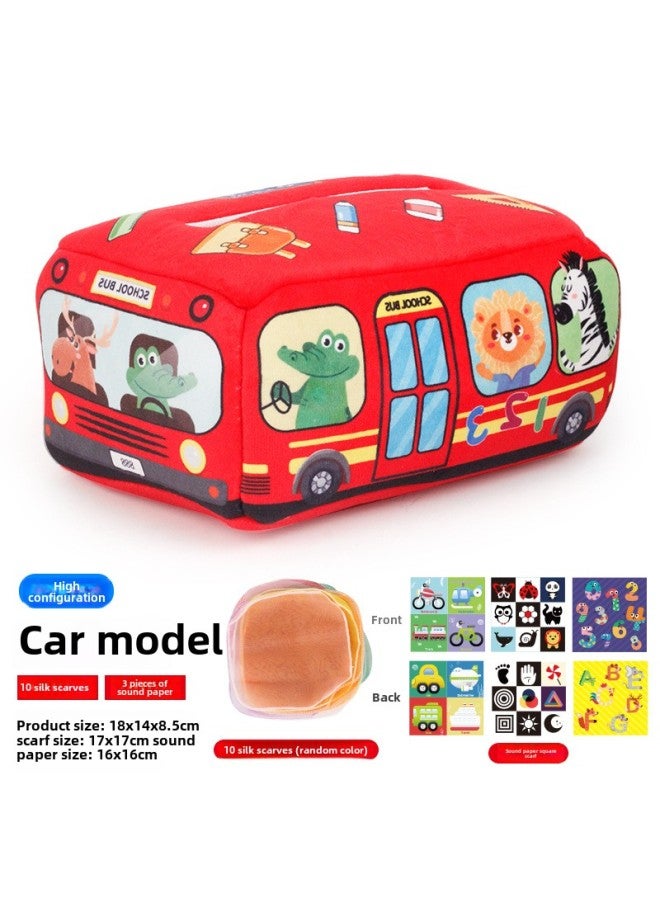 Baby Early Education Cloth Book Tissue Box Ring Paper Square Towel Cognitive Animal English Tear Not To Rip Children's Tissue Toy-Color:950-4 High With Car Tissue Box 10 Silk Scarf Random Color +3 Square Towel 81.4G  - Image 1