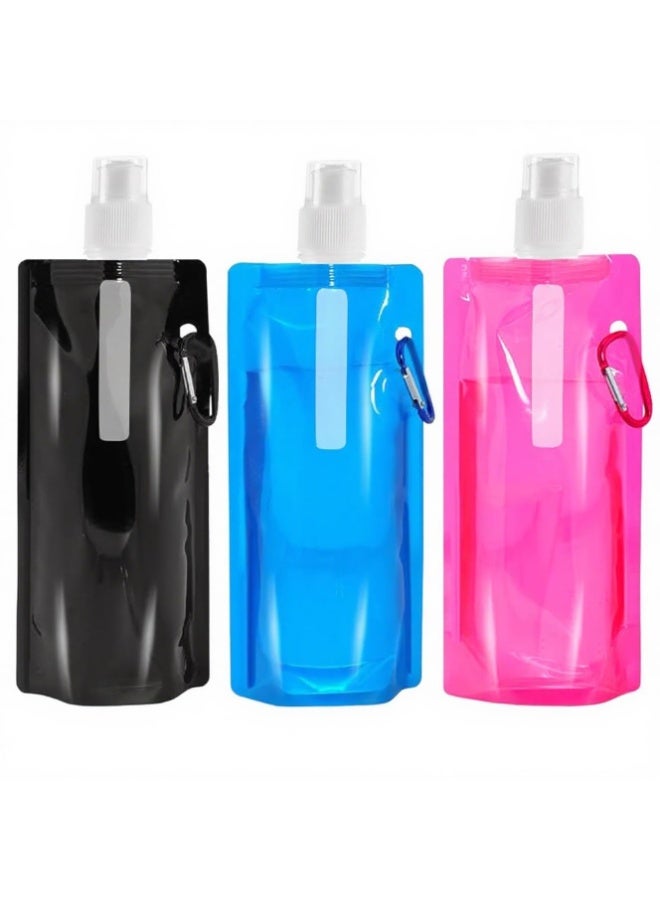 OSHIMA 3 Pcs Foldable Drinking Bottle, 500 ml Flexible Collapsible Water Bottles, Reusable Water Bottles, Reusable Foldable Water Bottle, Set for Hiking, Adventure, Travel, Unisex Adult - Image 1