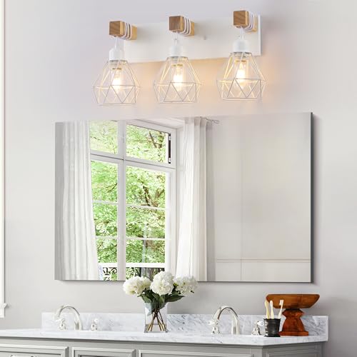 maesta White Bathroom Vanity Light Fixtures, 3-Light Wood Bathroom Light Fixtures Over Mirror, Rustic Sconces Wall Lighting with Elegant Metal Lampshade for Living Room, Bedroom, Hallway - Image 2