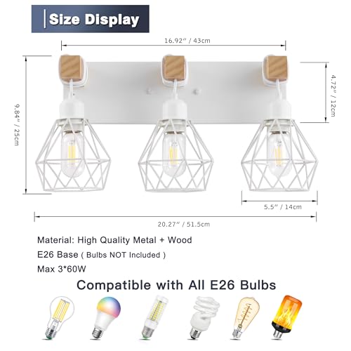 maesta White Bathroom Vanity Light Fixtures, 3-Light Wood Bathroom Light Fixtures Over Mirror, Rustic Sconces Wall Lighting with Elegant Metal Lampshade for Living Room, Bedroom, Hallway - Image 3