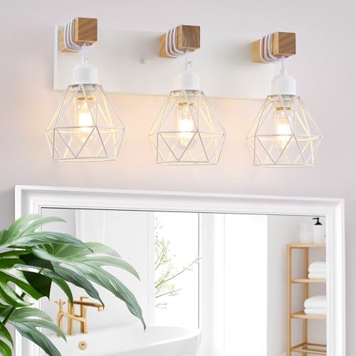 maesta White Bathroom Vanity Light Fixtures, 3-Light Wood Bathroom Light Fixtures Over Mirror, Rustic Sconces Wall Lighting with Elegant Metal Lampshade for Living Room, Bedroom, Hallway - Image 1