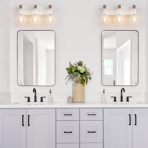 maesta White Bathroom Vanity Light Fixtures, 3-Light Wood Bathroom Light Fixtures Over Mirror, Rustic Sconces Wall Lighting with Elegant Metal Lampshade for Living Room, Bedroom, Hallway - Image 5