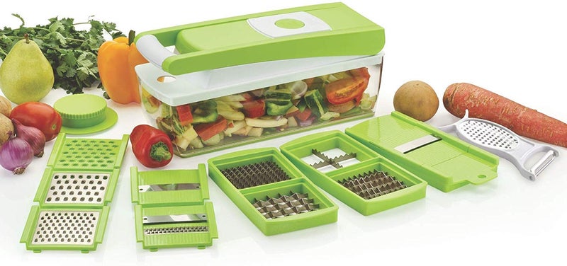 Purabelle Purabelle Plastic Vegetable Fruit Chipser Chopper Slicer Cutter with 11 Blades and Peeler Inside Green  - Image 1