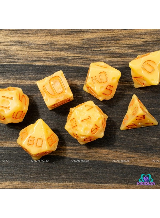 Viridian Cheese D&D Dice Set (Light-Yellow & Orange Nacho Color) with Swiss Holes | DND/TTRPG 7-Piece Polyhedral Resin Set - Image 3