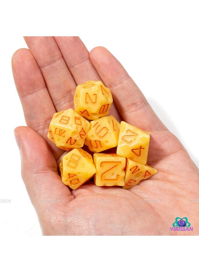 Viridian Cheese D&D Dice Set (Light-Yellow & Orange Nacho Color) with Swiss Holes | DND/TTRPG 7-Piece Polyhedral Resin Set - Image 5