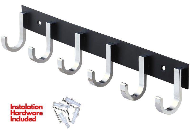 HingeMinds HingeMinds Aluminium Cloth Hanger for Wall Clothes Hook Hangers Door Mounted Bathroom Hooks for Hanging Towel Wall Mount Shirt Hangers Dress Holder Hooks 6 Pin Pack of 1 Black and Silver  - Image 3