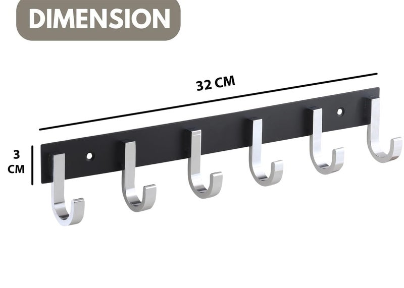 HingeMinds HingeMinds Aluminium Cloth Hanger for Wall Clothes Hook Hangers Door Mounted Bathroom Hooks for Hanging Towel Wall Mount Shirt Hangers Dress Holder Hooks 6 Pin Pack of 1 Black and Silver  - Image 2