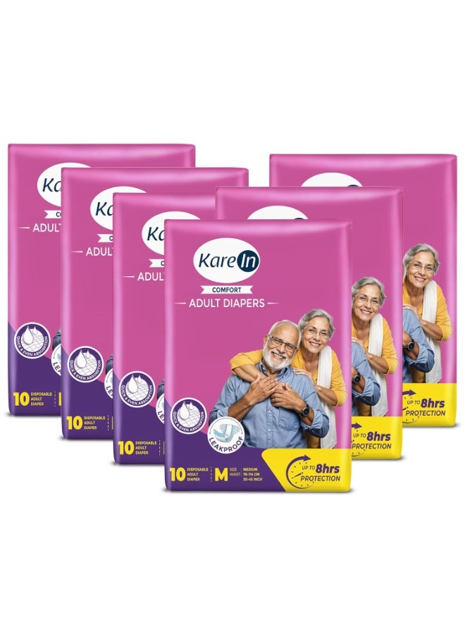 KareIn Comfort Adult Diapers, Medium, Waist Size 76-114 Cm (30"-45"), Tape Style, Unisex, High Absorbency, Leak Proof, Wetness Indicator, Pack of 6, 60 Count