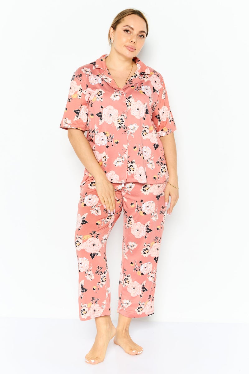Jones New York Women 2 Pieces All Over Printed Pajamas Set, Brown  - Image 1