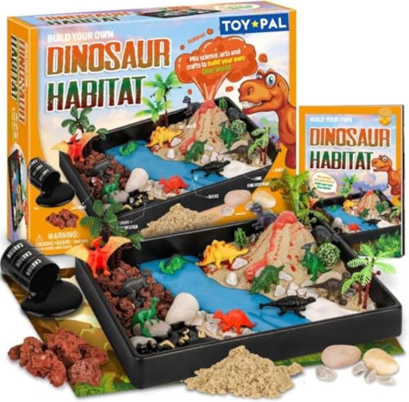 DIY Dinosaur Habitat Playset, 12 Dinosaur Figures + Volcano Experiment, Create, Explore & Learn About Jurassic Era with STEM Crafts for Kids, Birthday Gift for Boys Girls - Image 1