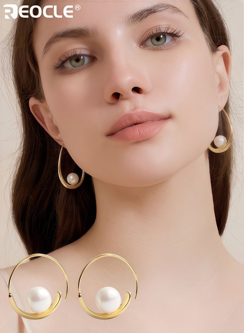 ريوكل أقراط نسائية خفيفة الوزن من اللؤلؤ بتصميم على شكل دمعة وميزة حلقة أنيقة مع إسقاطات من اللؤلؤ تتدلى بأسلوب عصري لتقديمها كهدية - Image 2