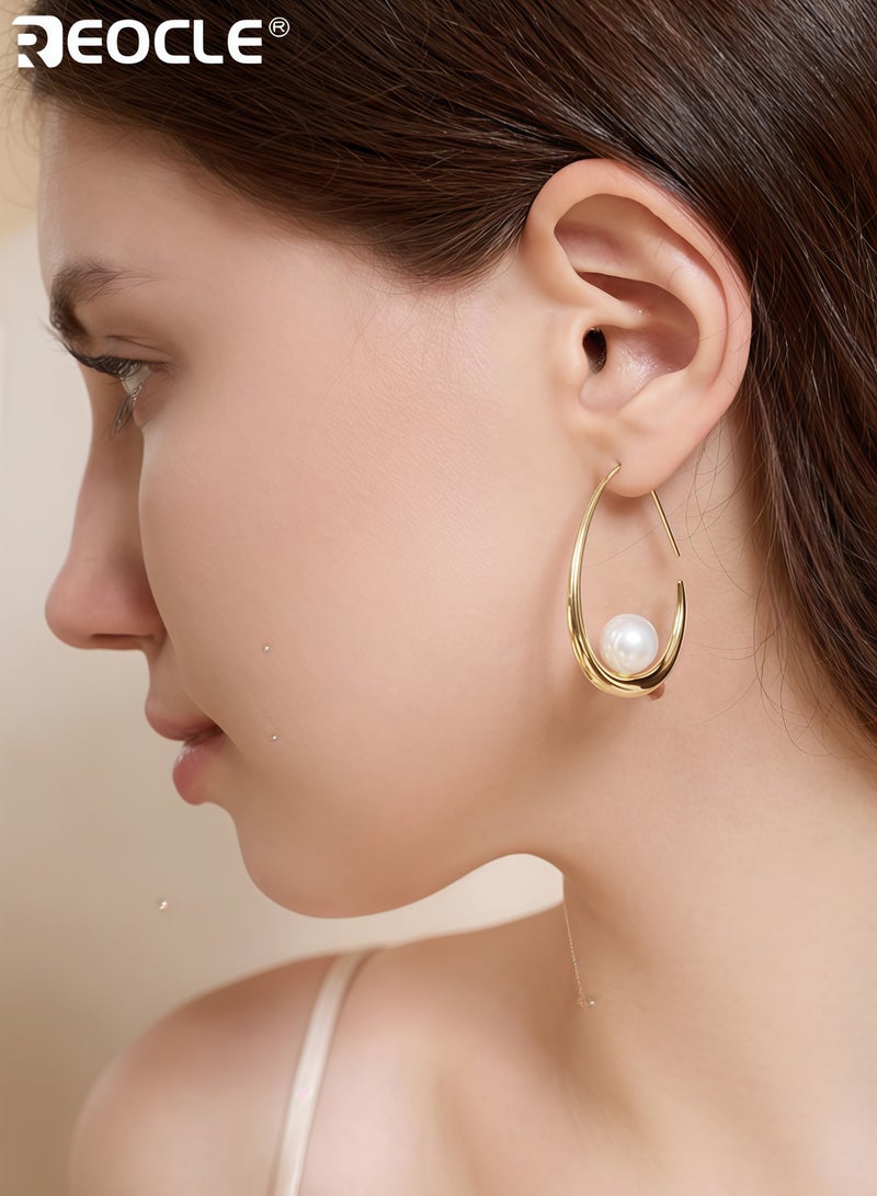 ريوكل أقراط نسائية خفيفة الوزن من اللؤلؤ بتصميم على شكل دمعة وميزة حلقة أنيقة مع إسقاطات من اللؤلؤ تتدلى بأسلوب عصري لتقديمها كهدية - Image 3