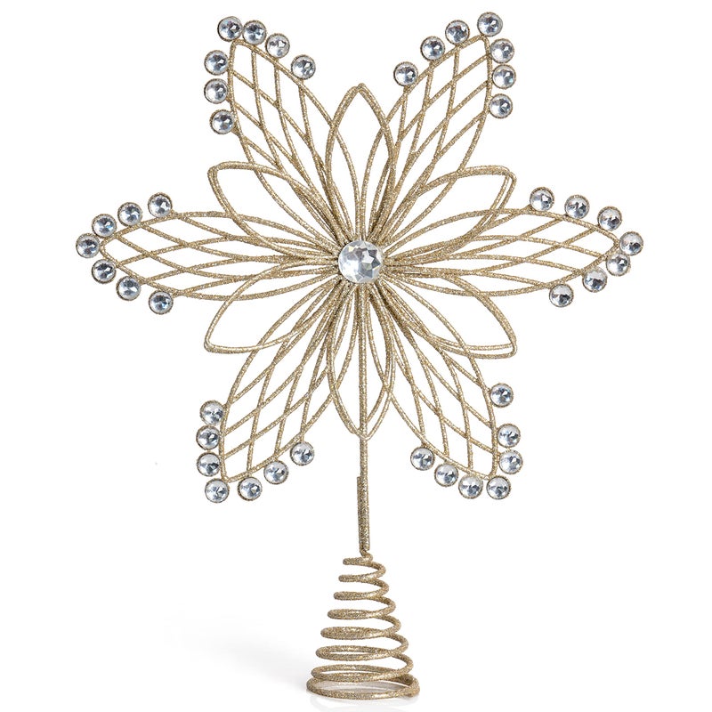 Ornativity Jewel Flower Tree Topper  Gold Glitter Sparkling Metal Wire Star Flower Topper with Sparkly Gem Jewel Finish Holiday Christmas Tree Top Decor Xmas Ornament Decoration