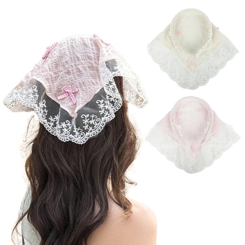 MAYCREATE® 2Pcs Head Scarf for Women Stylish Boho Lace Bandana Countryside Triangle Bow Bandanas Headband Soft Head Coverings Comfy Beach Headwraps Gift Hair Accessories for Women, Girls - Image 1