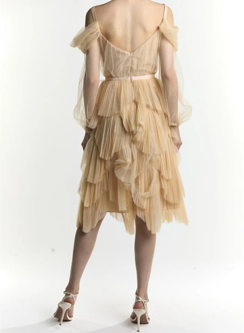 True Decadence Light Stone Lara Pleated Tulle Skirt Midi-Dress
