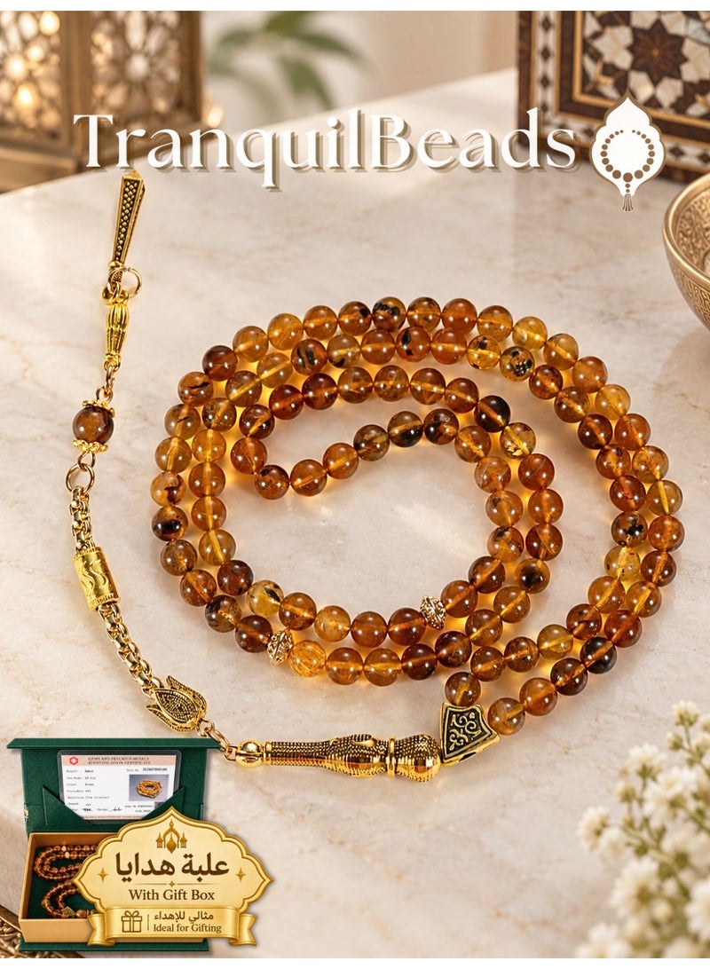TranquilBeads Amber Tasbih 99 Beads Misbaha Prayer Beads with Certificate and Gift Box, Natural Amber Tasbih for Men, Ramadan Eid Birthday Gift for Father Husband - Image 1