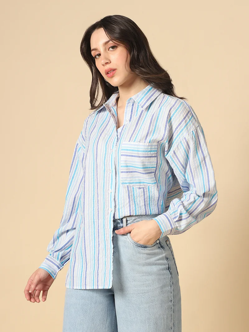 Globus Women Blue Collared Neck Cuffed Sleeves Multi Stripes Patch Pocket Curved Hem Oversized Shirt