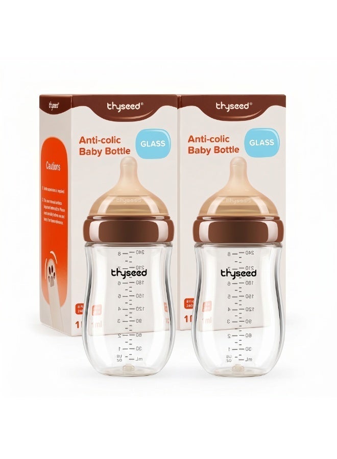 THYSEED Natural Anti-Colic Glass Baby Bottle 240ml for Babies (3–6 Months) | BPA-Free Safe Feeding Bottle | Heat Resistant Glass | Soft Silicone Nipple | Easy to Clean Infant Milk Bottle | Pack of 2 - Image 1