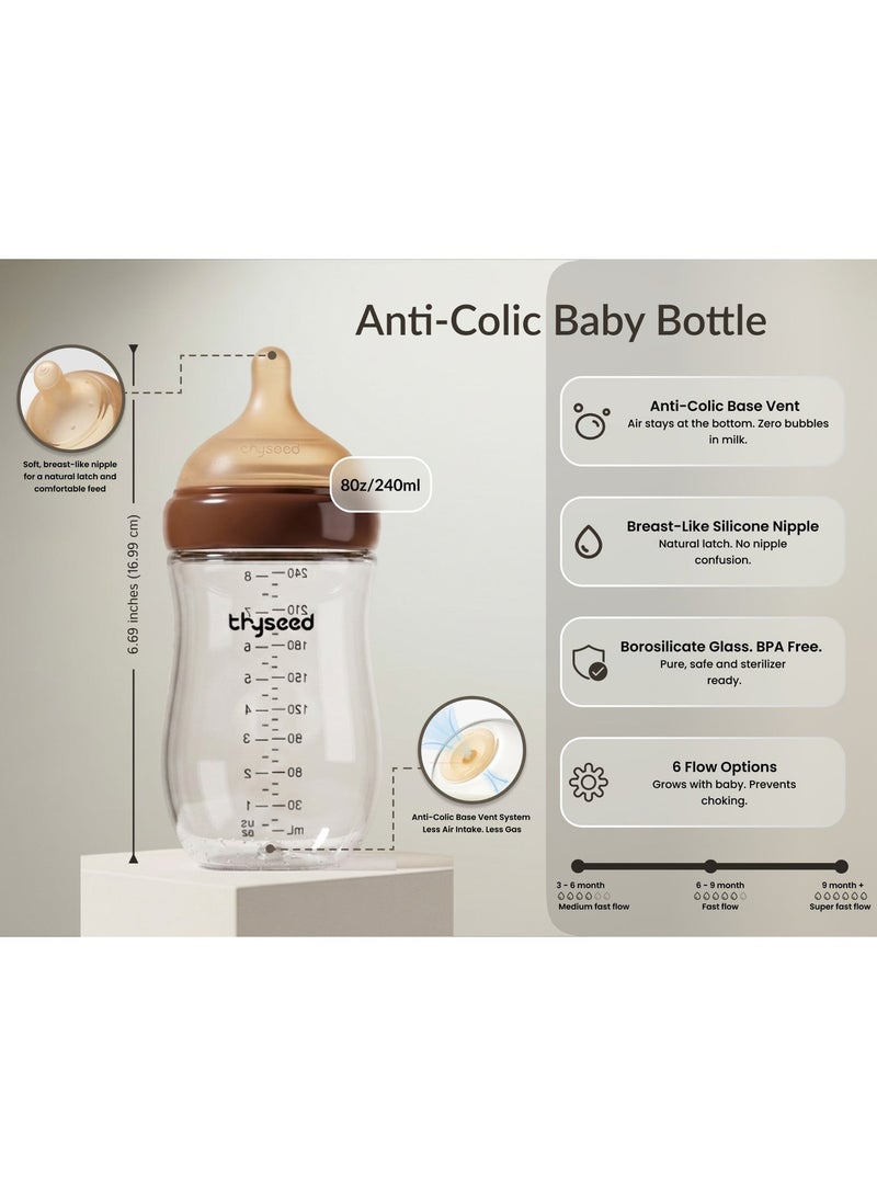 THYSEED Natural Anti-Colic Glass Baby Bottle 240ml for Babies (3–6 Months) | BPA-Free Safe Feeding Bottle | Heat Resistant Glass | Soft Silicone Nipple | Easy to Clean Infant Milk Bottle | Pack of 2 - Image 3