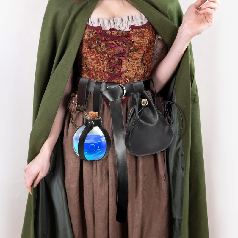 SUMGOGO 4 Pcs Halloween Renaissance Belt Pouch Witch Bottle Skirt Hikes Medieval Viking Pirate Leather Belt Costume Set (Black) - Image 3
