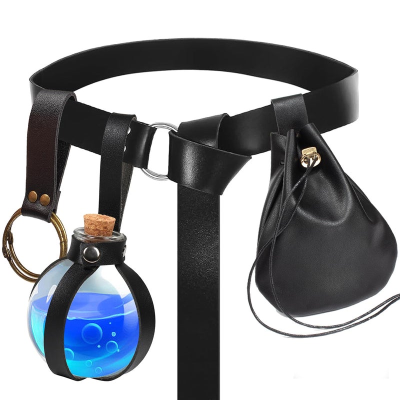 SUMGOGO 4 Pcs Halloween Renaissance Belt Pouch Witch Bottle Skirt Hikes Medieval Viking Pirate Leather Belt Costume Set (Black) - Image 1