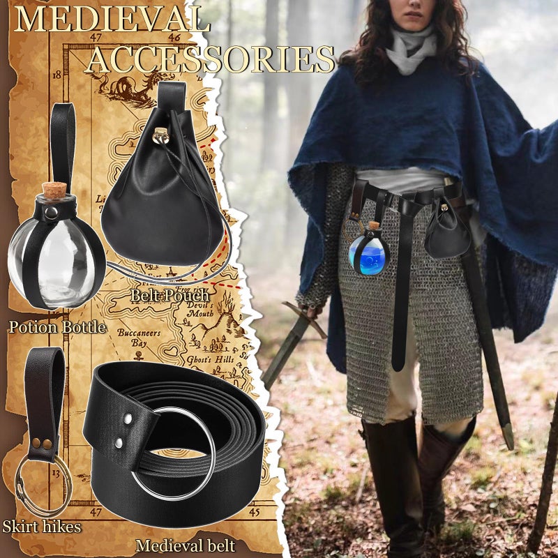 SUMGOGO 4 Pcs Halloween Renaissance Belt Pouch Witch Bottle Skirt Hikes Medieval Viking Pirate Leather Belt Costume Set (Black) - Image 2