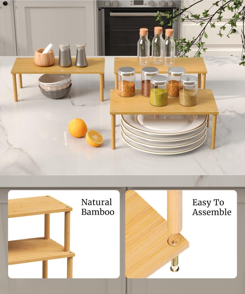 Danfoxer Cabinet Organizer Shelf(Set of 3),Bamboo Kitchen Counter Shelves for Countertop and Cabinet,Stackable Shelf Spice Racks,Large (Natural) - Image 4