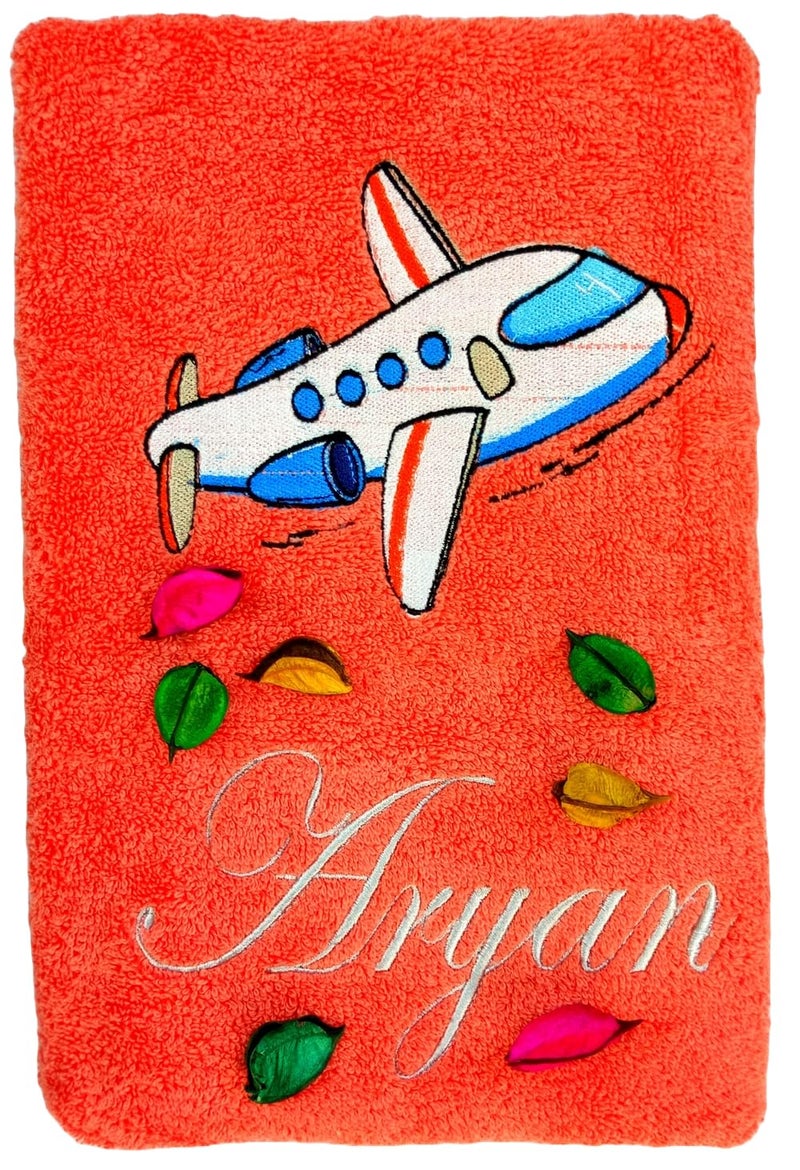 TurtleLittle Cotton Aeroplane Personalised Kids Bath Towel 500 GSM Set of 1 Orange - Image 1