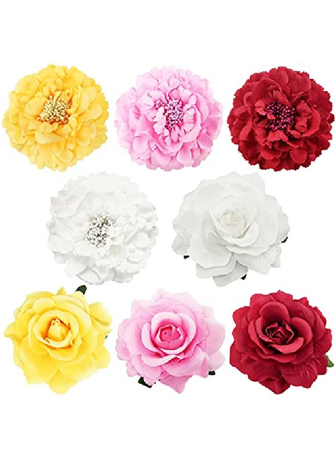 BETITETO Large Floral Hair Clips 8 Pieces Set Includes 4Pcs Peony Flower Hair Clips And 4Pcs Rose Flower Hair Barrette Accessories For Flamenco Dancer Beach Party Wedding Event (Pink+Red+White+Yellow) - Image 2